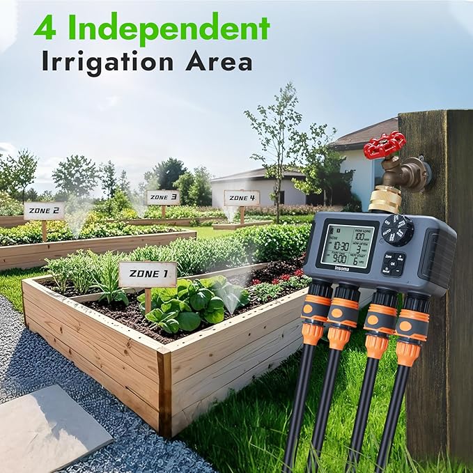 Insoma Water Timer with Brass Inlet & Outlet, 4 Independent Zones Outdoor Hose Timer for Garden Faucet with Auto/Manual/Rain Delay Mode, IPX5 Waterproof, Sprinkler Irrigation Controller for Yard Lawn