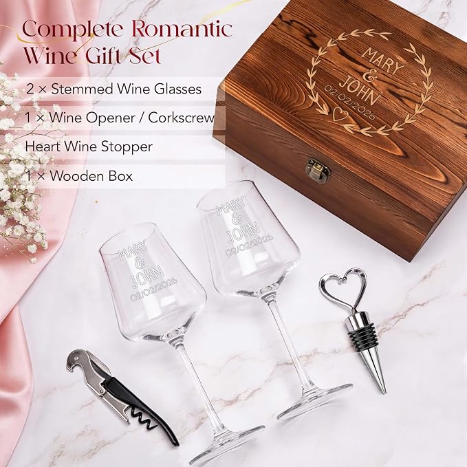 Custom Couples Wine Glasses Set Of 2, Engraved Name Date, 4 Designs | Wooden Keepsake Box, Bottle Stopper, Corkscrew Opener, Wedding Gift Set, Bride and Groom, Toasting Glasses