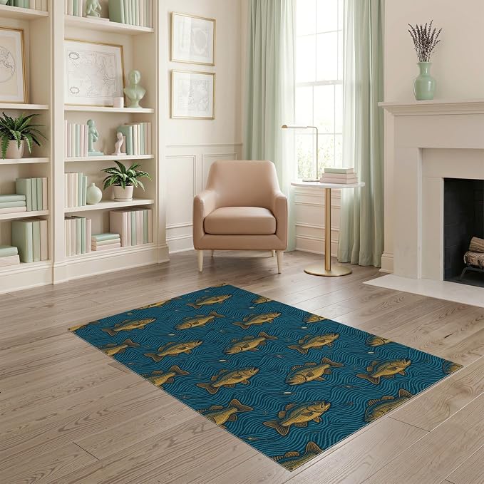 4'x6' Washable Area Rug Bass Sporting Tackle Lure Wave Motif Border Angler Fish Fishing Refined Pet Friendly & Non-Slip for Playroom, Bedroom, Reading Nook