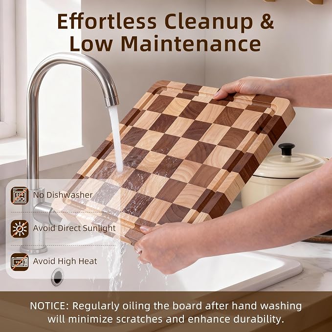 Checkered Cutting Board for Kitchen - Wood End Grain Checkerboard Chopping Board with Handle & Juice Groove, Double Sided for Food Prep, Serving and Decor, Square 12" x 12" x 1" ﻿