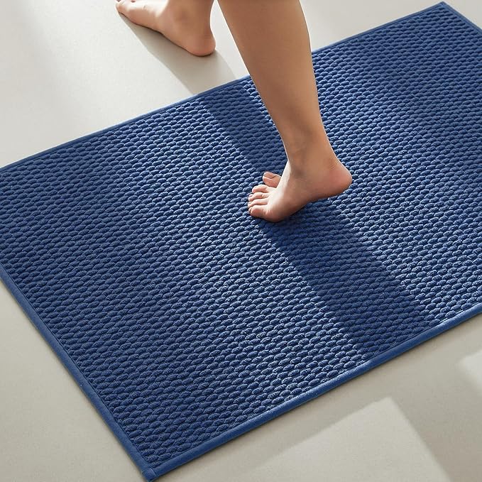 TYUU Bathroom Rugs Non Slip Washable, Super Absorbent Thin Bath Mat Quick Dry Low Pile Bathroom Rug, Navy Blue 24"x47"