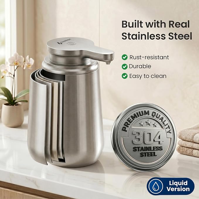 GentleJet NovaJet Automatic Liquid Soap Dispenser Touchless Sensor, USB-C Rechargeable, 304 Stainless Steel, IPX5 Waterproof for Bathroom Kitchen Sink, 10 oz / 300 ml