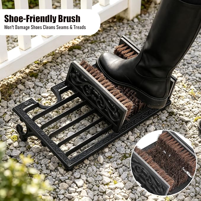 Cast Iron Boot Scrubber with Heel Remover & Brush | Black Heavy Duty Boot Scraper with Brush, Durable Outdoor Boot Cleaning Tool for Muddy Shoes for Porch Garage Entryway