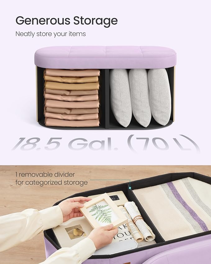 SONGMICS MINOTA Collection - Folding Ottoman with Storage, Oval Storage Ottoman Bench, for Living Room, Bedroom, Velvet Fabric, 15 x 29.9 x 15 Inches, Hibiscus Purple ULSF267PE01