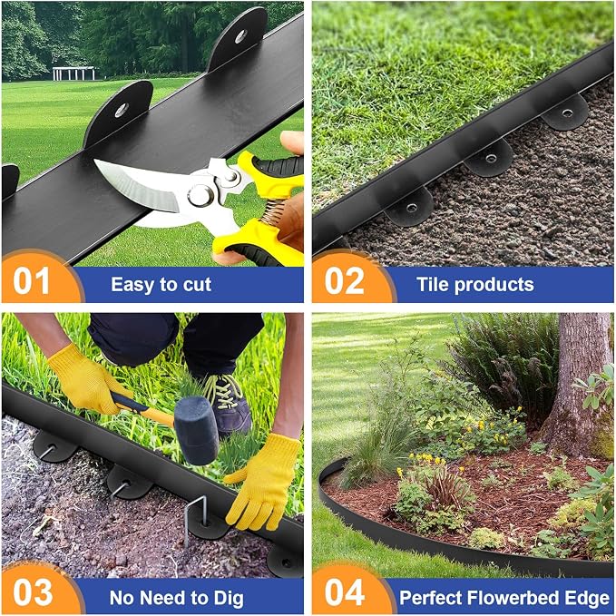 Jorvila No Dig Landscape Edging Kit, 2.0" x 60' Plastic Garden Edging | 60 Pcs Metal Spikes, Plastic Material, Flexible Garden Border, Suitable for Lawn, Yard, Landscaping, Flower Beds