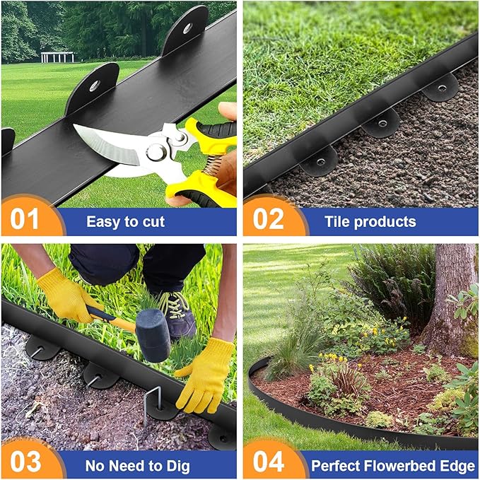 Jorvila No Dig Landscape Edging Kit, 1.5" x 40' Plastic Garden Edging | 40 Pcs Metal Spikes, Plastic Material, Flexible Garden Border, Suitable for Lawn, Yard, Landscaping, Flower Beds