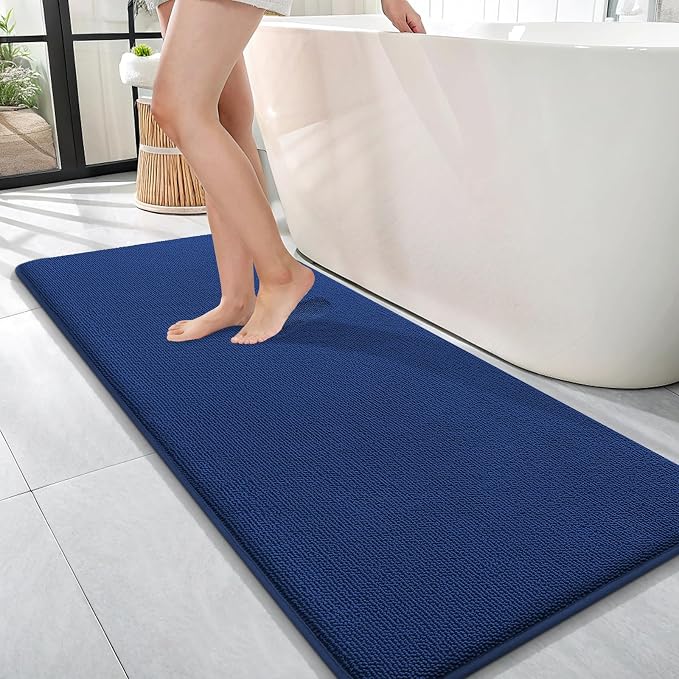 OLANLY Memory Foam Bathroom Runner Rug 47x17, Absorbent Long Bath Mat, Navy | Soft Quick Dry Bath Mat Rugs, Non-Slip, Machine Washable Mat for Bathroom Floor, Tub and Shower, Home Decor Accessories