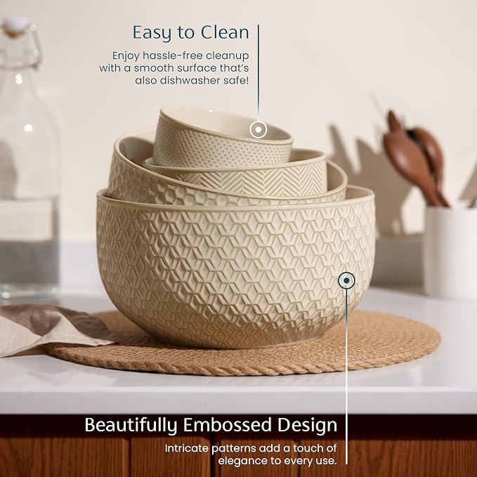KooK Ceramic Mixing Bowls, Nesting Set of 4, Embossed Kitchen Dishware, Prep, Serving, Gift, Microwave and Dishwasher Safe, 20/44/98/145 oz, Narbonne Collection (Almond)