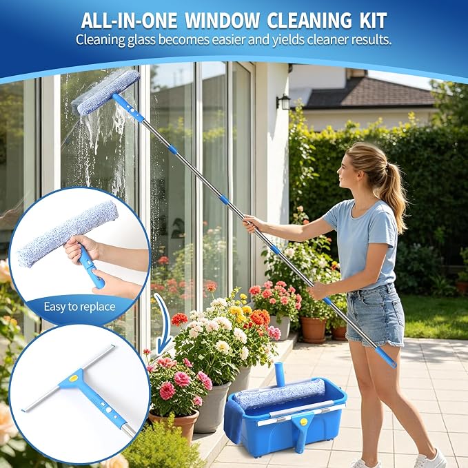 Creatyi 11PCS Window Cleaning Kit Washing Tool, Bucket 3 Gallon, 76 inch Long Handle Window Squeegee and Microfiber Scrubber,Equipped with Replaceable Squeegee and Scrubber for Home Business Use