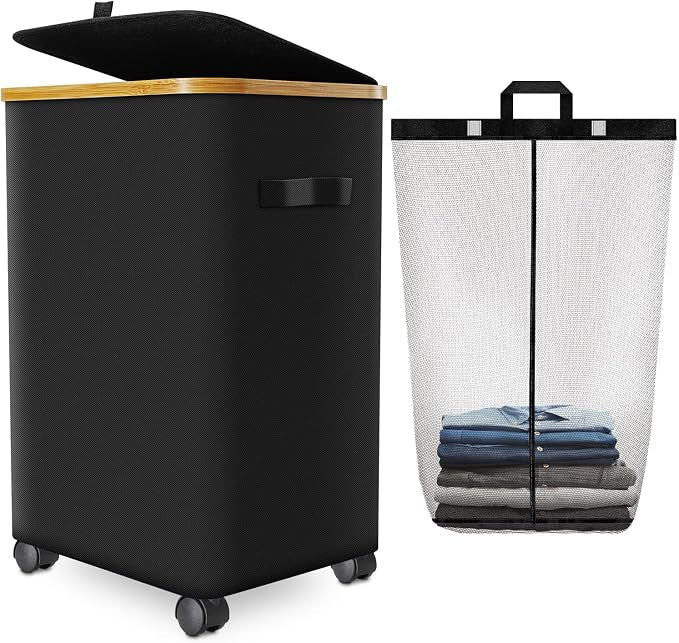 Laundry Hamper with Wheels,20 Gal (75L) Laundry Basket with lid Rolling Clothes Hamper Foldable Dirty Clothes Basket on wheels with Bamboo Frame and Bag for Bedroom, Dorm, Laundry Room-Black