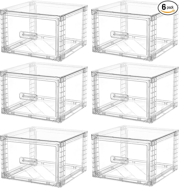 Vtopmart 6 Pack Clear Stackable Storage Bins 15QT, Easily Assemble Bathroom Organizers,Plastic Storage Bins for Kitchen Pantry,Under Sink Organization(Medium)