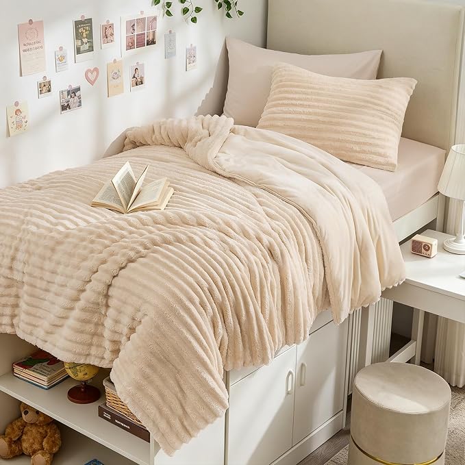 Sasttie Twin/Twin-XL Comforter Set 2 Pieces - Super Soft Fleece Comforters Twin/Twin-XL Size, 1 Luxury Warm Fuzzy Marshmallow Comforter with 1 Pillow Case, Faux Fur Bedding Set, Beige