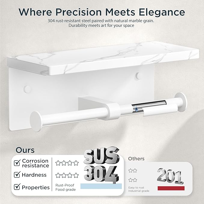 FORIOUS Toilet Paper Holder with Shelf, Marble Wall Mount Tissue Roll Holder for Bathroom, Washroom, 304 Stainless Steel Double Commercial Toilet Tissue Dispensers with Phone Shelf, White