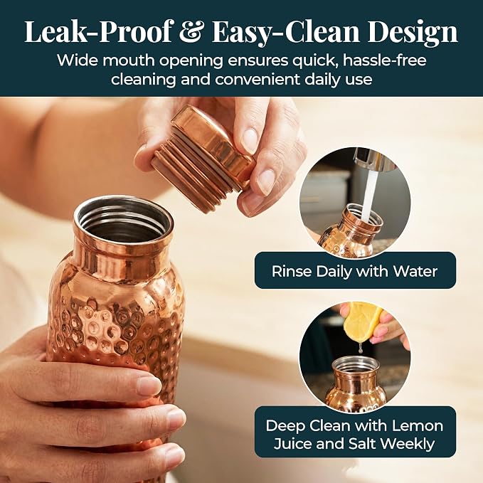 Four Flowers Copper Water Bottle 650ml with Cleaning Brush – Copper Coated Exterior & Stainless Steel Interior – Leak Proof Wide Mouth Metal Bottle for Travel, Gym, Office & Daily Hydration
