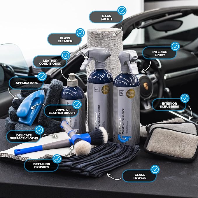 The Rag Company - Complete Leather & Interior Car Cleaning Kit - Includes Glass and Interior Cleaners, Leather Care, Microfiber Towels, Brushes and Scrubbers, Cloths, Applicators - 33 Item Set