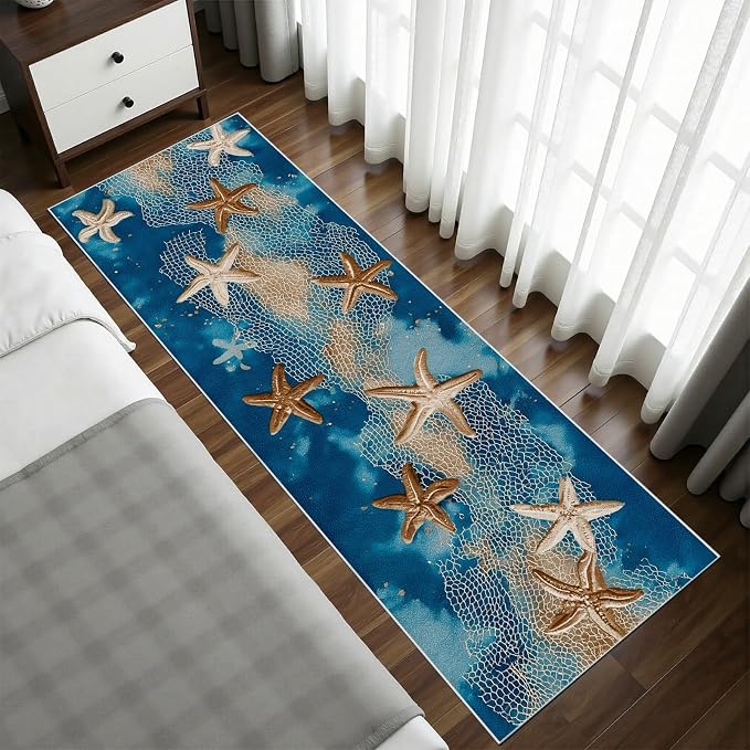 Seaside Coastal Extra Long Hallway Runner Rug 3x12 - Fishing Net Soft Low Pile Runner RugsWatercolor Ocean Anti Slip Washable Runners Rug for Entrance Corridor Kitchen Living Room