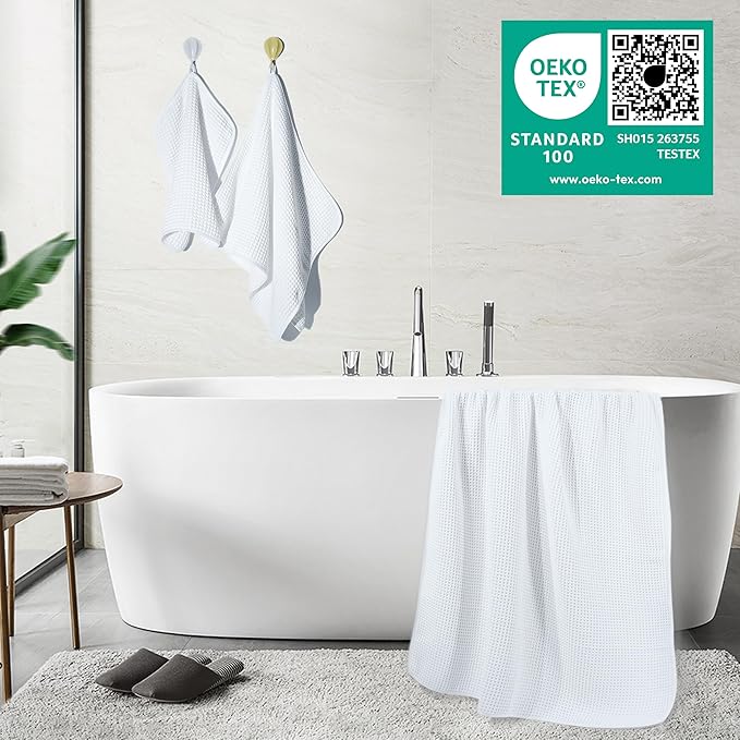 POLYTE 430 GSM Microfiber Quick Dry Lint Free Oversize Bath Towel Set, 6 Piece (Waffle Weave)