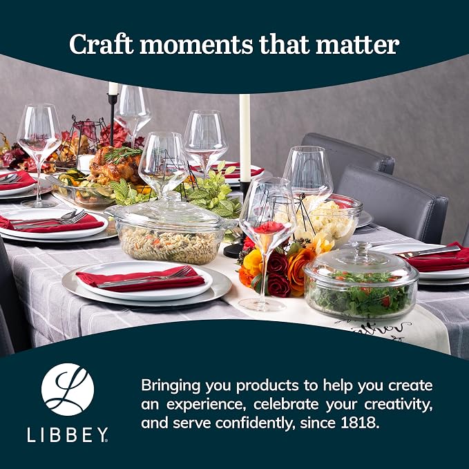 Libbey Round Casserole Dish with Lid, Elegant Glass Bakeware with Lids Stackable, Round Casserole Dishes for Oven, Refrigerator, Microwave, and More