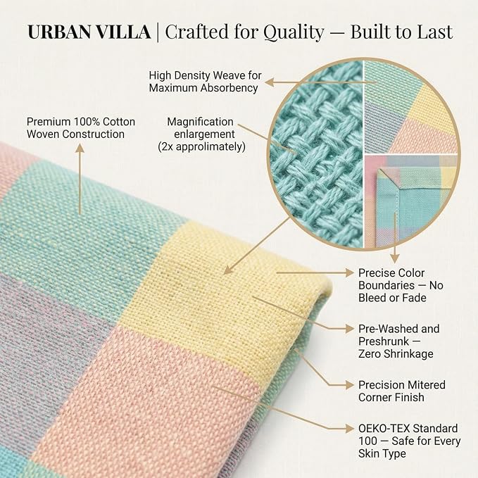 Urban Villa Kitchen Towels Set of 6 Buffalo Checks Easter Kitchen Towels Size 20”X30” Inches 100% Cotton Highly Absorbent KitchenTowels Premium Quality Ultra Soft Mitered Corners KitchenTowels