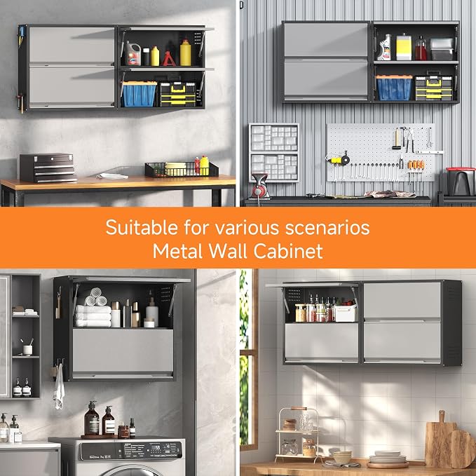 Coolsun 2 Door Metal Wall Cabinet, Garage Wall Cabinet with Up-Flip Door, 25.6" H Wall Mounted Metal Storage Cabinet for Garage,Basement,Ware House Assembly Required