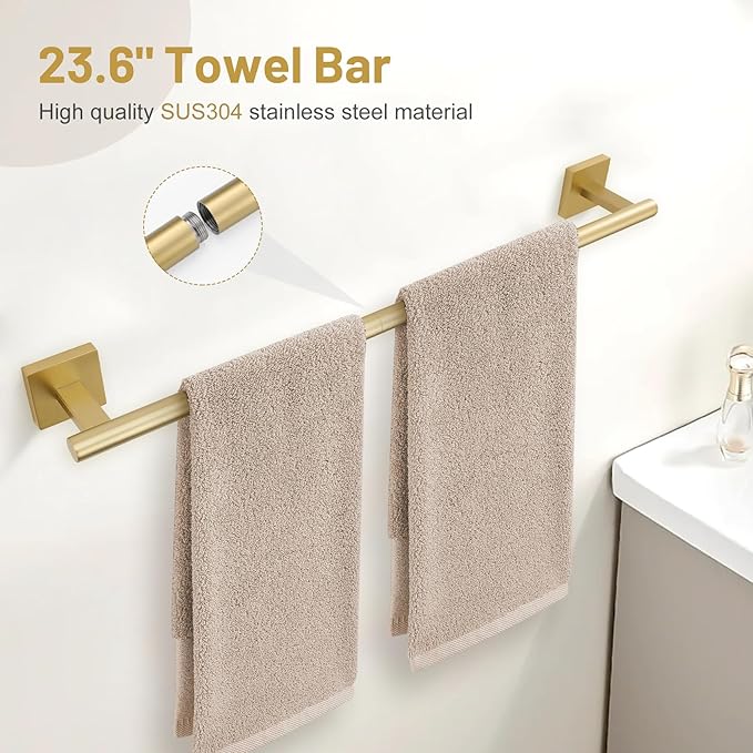 5 Pieces Brushed Gold Bathroom Hardware Set, SUS304 Stainless Steel Bathroom Accessories Set 23.6 inches Towel Bar, Toilet Paper Holder with Shelf, Towel Ring and Two Towel Hooks Wall-Mounted
