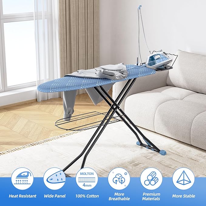 KINGBOARD Ironing Board, Compact Iron Board Full Size with Extra Thick Cover, 7 Adjustable Heights Stand with Hanger and Iron Rest, Large Heavy Duty Ironing Board with Storage Tray, 13x43 Blue