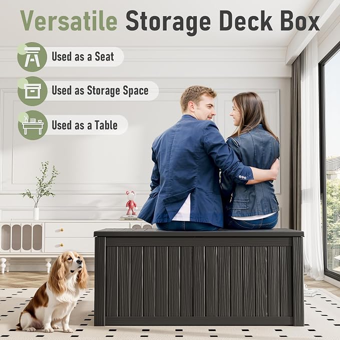 Outdoor Storage Box, 150 Gallon Large Outdoor Resin Deck Box, Storage Waterproof Boxes Lockable Lid for Garden Tools, Pool Supplies, Patio Furniture and Cushions, Black