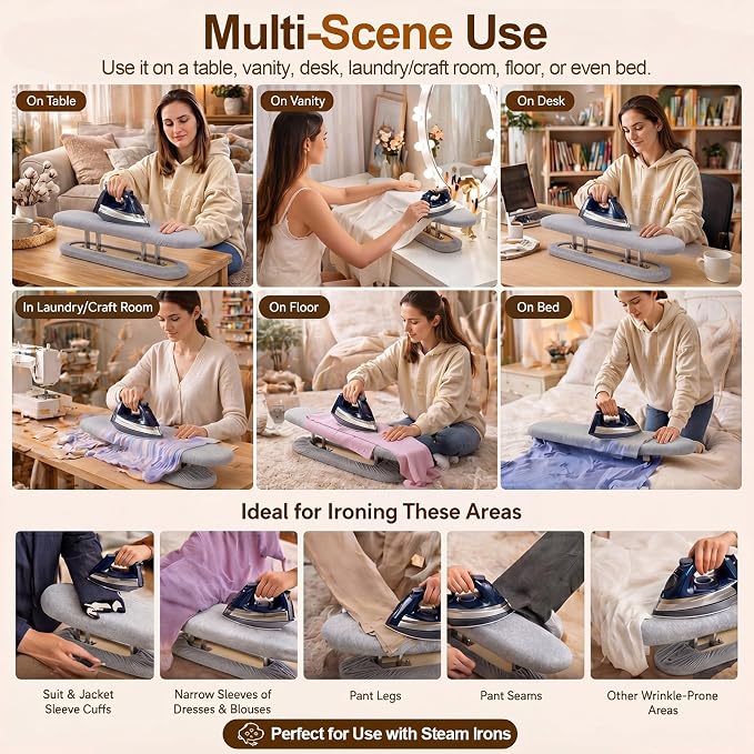 Dual Sided Sleeve Ironing Board for Sleeve Pressing,Grey | 21.6'' Mini Tabletop Board, Cotton Cover, Thick Pad, Metal Frame, Garment Care Surface for Sewing Laundry Pants Cuffs Collars
