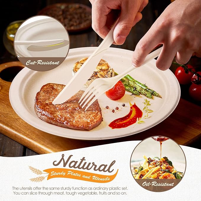 Gezond 350pcs Compostable Paper Plates Set Eco-friendly Heavy-duty Disposable Paper Plates Cutlery Includes Eco-friendly Plate, Forks, Knives, Spoons, Cups and Straws for Wedding Party, 50 Guests