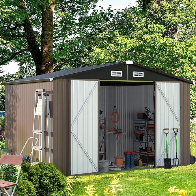 Aoxun 9.8x7.6 FT Shed Outdoor Storage Shed with Base, Brown | Metal Shed with Lockable Doors & Slooping Roof Garden Tool Shed for Backyard, Patio, Poolside