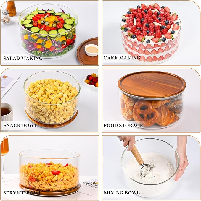 LOVYANXUE 197 oz Large Glass Salad Bowl with Acacia Wood Lid - Glass Trifle Bowl, Versatile Serving Bowls for Cake, Salad, Fruit, Baking, Dessert, Meal Prep, Storing, Microwave & Oven Safe, BPA Free