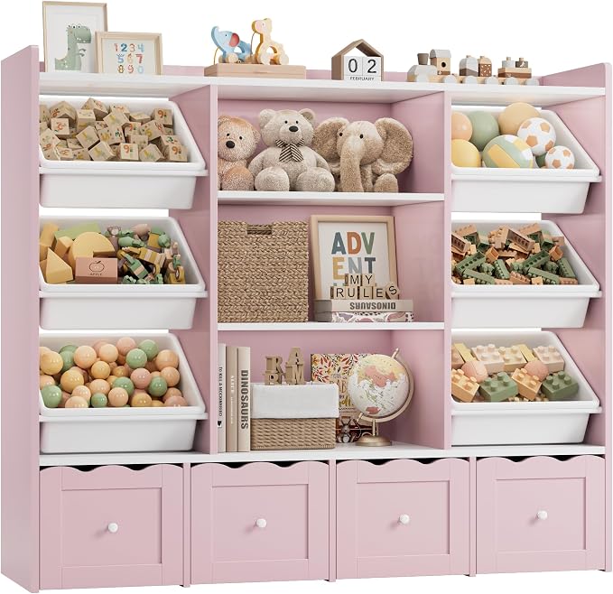 HITHOS 55" W Kids Toy Storage Organizer with 10 Toy Box & Book Shelf, Pink | Large Toy Organizers and Storage with Kids Bookshelf & 6 Plastic Toy Chests & 4 Movable Drawers for Kids Room, Playroom
