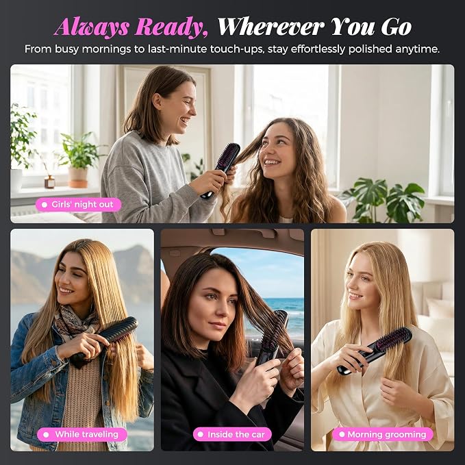 Go Brush Pro 2026, Cordless Hair Straightener Brush, Mini Hair Straightener with 4 Temperature Settings, Portable Hair Straightener Brush with MCH Heating and Ionic & Ceramic Care for Women (Black)