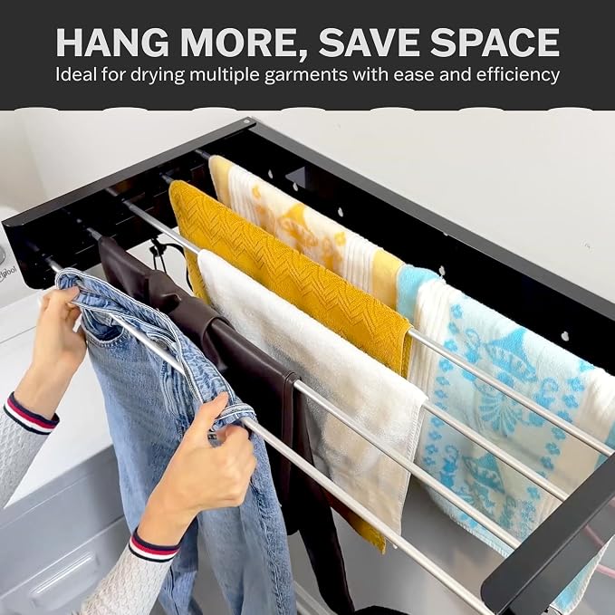 Foldable Wall Mounted Drying Rack - 31.5” Wide, 13.2 Ft Drying Space, 5 Aluminum Rods, Supports Up to 60 lbs - Retractable & Foldable Space-Saving Wall Mounted Clothes Drying Rack (Black)