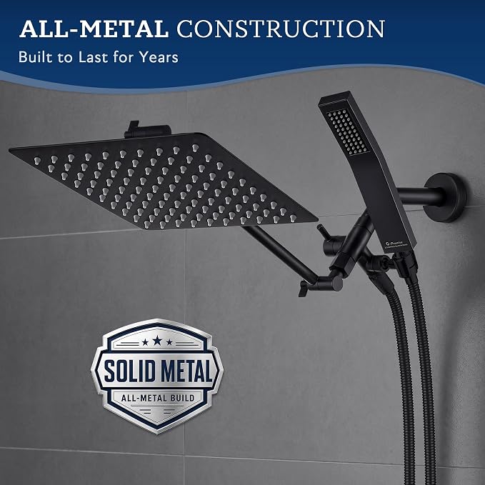 G-Promise All Metal 8 Inch Dual Square Shower Head with Handheld Spray Combo, Rain Shower Head, Adjustable Extension Arm, 3-Way Diverter, 71 Inch Extra Long Hose - A Bathroom Upgrade (Matte Black)