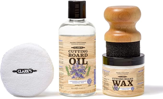 CLARK'S Food Grade Cutting Board Full Care Kit, Rosemary Scent - 4 Pack | Includes Food Grade Mineral Oil, Cutting Board Wax, Oil & Wax Applicators, Buffing Pads - Restores & Protects