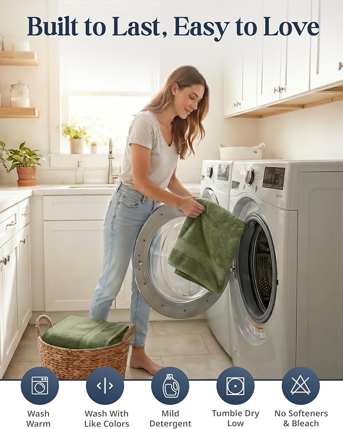 LANE LINEN Bath Towel Set 100% Cotton 6 Piece Soft Absorbent - Oil Green | Bath Towels Set Of 6 - Densely Woven, Coordinated Colors, Dobby Border Accent, OEKO-TEX Certified, Ring-Spun Durability