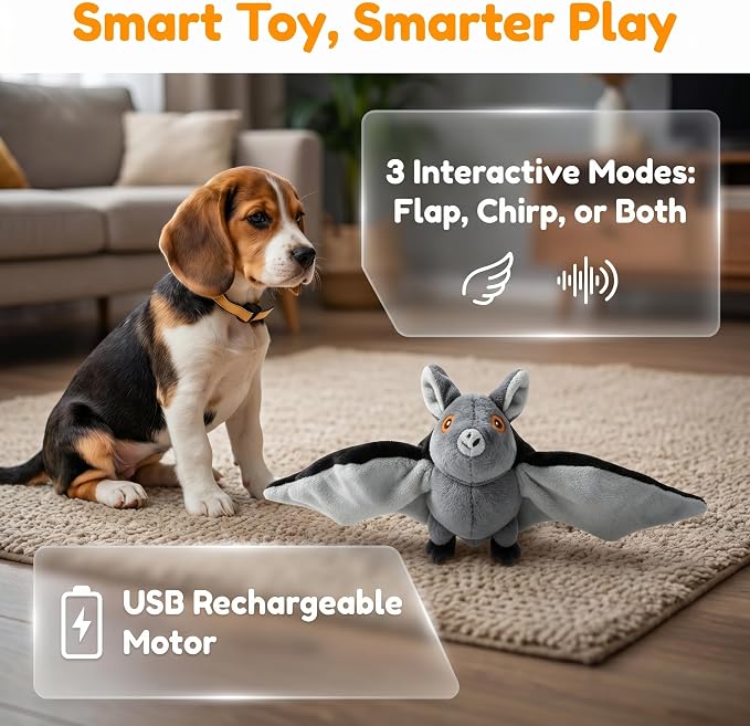 Flying Bat Dog Toy, Motion Activated Flapping Bat Cat Toy with Realistic Wings and Chirping Sounds, Rechargeable Remote Control Halloween Toy for Indoor Cats, Kittens and Small Dogs，3PCS