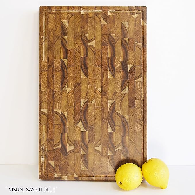 Teak Wood Cutting Board for Kitchen, End Grain Extra Thick Butcher Block | 20 x 12.2 Inch (ExtraThick 1.7") Professional Heavy Duty Hardwood Non Toxic Wooden Chopping Board (Oil & Plate Included)