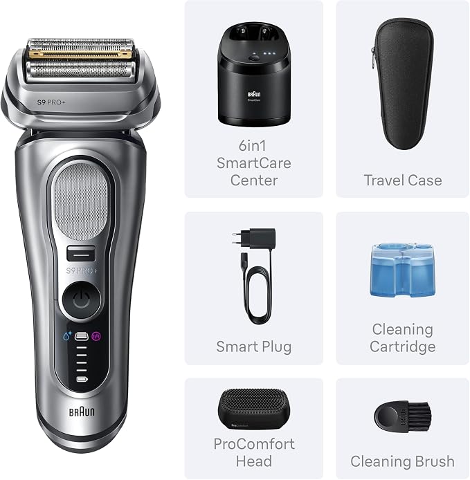 Braun Series 9 PRO+ Electric Shaver for Men, Wet & Dry Foil Razor, 6-in-1 SmartCare Clean & Charge Center, Built-in Precision ProTrimmer, ProComfort Attachment, Travel Case, Silver 9697cc