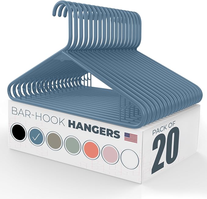 Plastic Hangers 20 Pack - Made in the USA - 6lb Capacity Standard Clothes Hangers with Strap Hooks for Dresses, Lingerie, Shirts, Pants, and Jackets – Blue