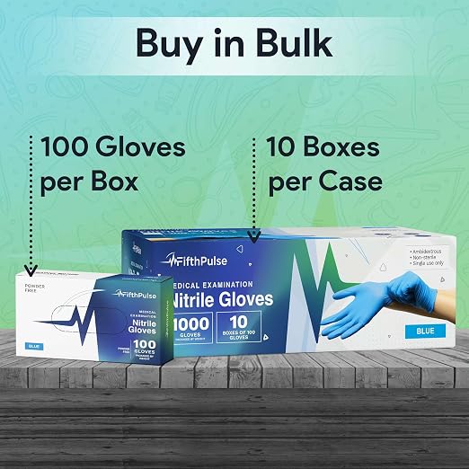 FifthPulse Blue Disposable Nitrile Exam Gloves Large 1000 Count - Medical Grade, 3 Mil, Textured Tips, Food Safe, Latex Free, Powder Free for Cleaning, Cooking, Medical Use - Case of 10 Boxes of 100