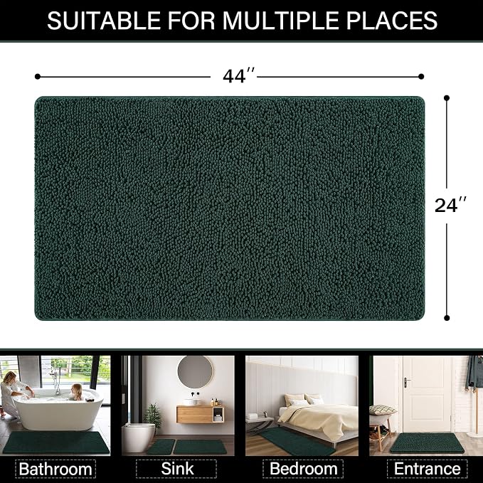 LOCHAS Luxury Bathroom Rug Shaggy Bath Mat 24 x 44 Inch, Hunter Green | Washable Non Slip Bath Rugs for Bathroom Shower, Soft Plush Chenille Absorbent Carpets