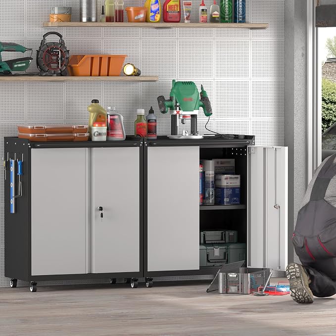 GREATMEET Garage Storage Cabinet with Wheels, Lockable Metal Storage Cabinet, Rolling Tool Cabinet with Adjustable Shelf, Push Handle for Shop, Home, Office, Black/Grey