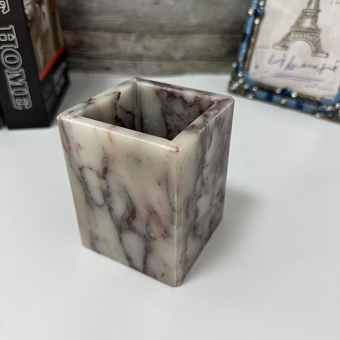 Natural Calacatta Viola Marble Pen Holder, Luxury Square Organizer Cup, Multi-Use Hand-Polished Storage for Desk, Bathroom Vanity, Kitchen Utensils & Makeup Brushes, 2.95” x 3.74”