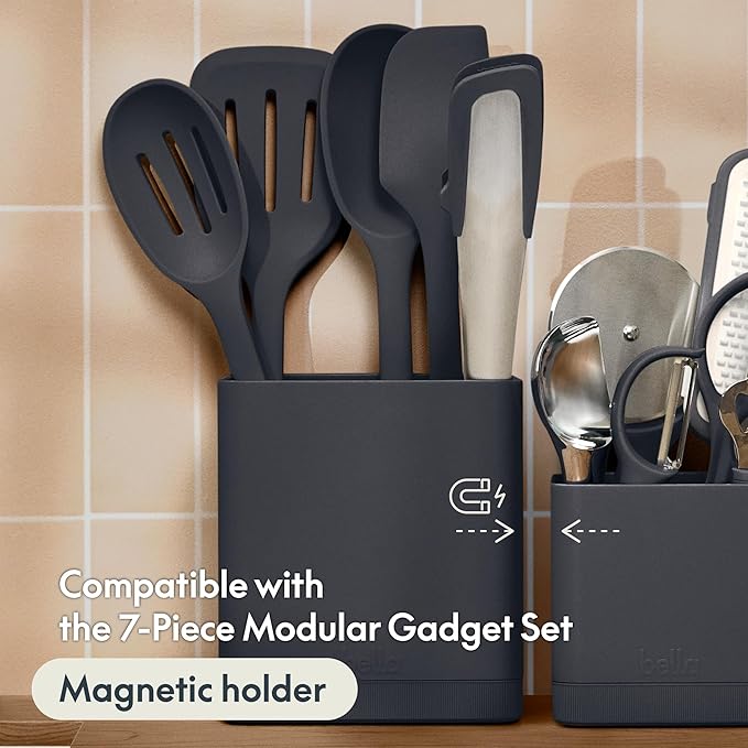 bella 6-Piece Modular Tool Set, Silicone, Turner, Spoon, Slotted Spoon, Spatula, Tongs, Crock with removable divider, Non-toxic*, Food-grade, Heat safe to 425°F, Dishwasher Safe, Oatmilk