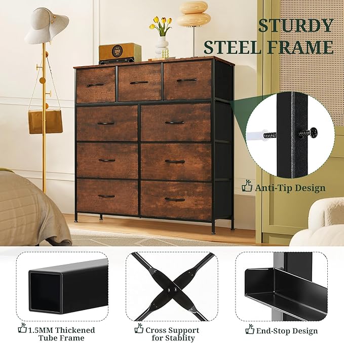 9-Drawer Dresser for Bedroom, Anti-Tip Tall Storage Organizer Chest of Drawers with Wooden Top and Metal Frame Fabric Bins for Closet, Living Room, Hallway, Entryway, Brown