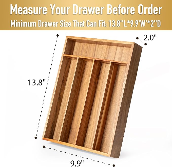 Besilord Silverware Organizer Kitchen Drawer Organizer Utensil Organizer Acacia Silverware Holder Cutlery Organizer in Drawer Flatware Organizer Tray(5 slots, Acacia