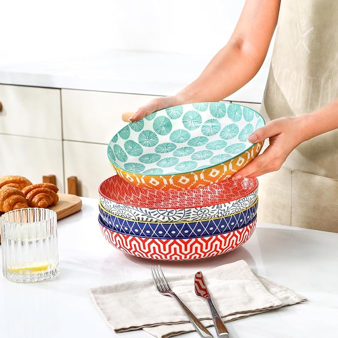 Selamica 9.6" Pasta Bowls Set of 4, 51 OZ Large Salad Bowls, Ceramic Wide and Shallow Serving Bowls for Soup, Dinner, Microwave & Dishwasher Safe, Assorted Colors