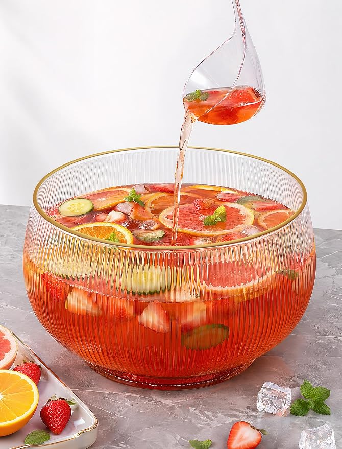 NiHome Glass Punch Bowl Set with Ladle, 2.5 Gal Gold Rim Ribbed for Parties | Borosilicate Crystal Clear, Hand Wash. Large Capacity for Wedding, Birthday, Holiday, Cocktails, Drinks, Salads, Snacks